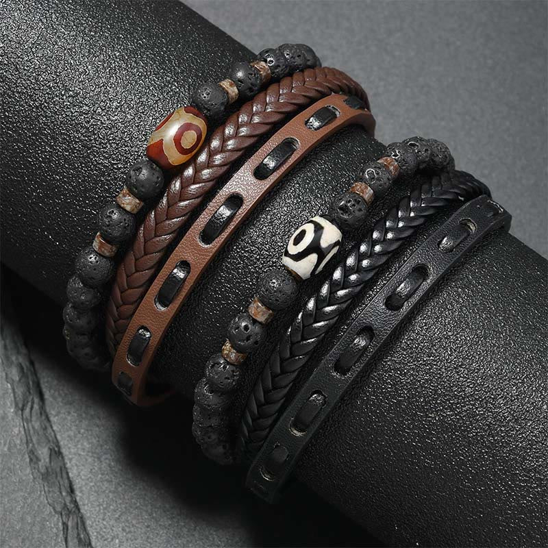 Buddha Stones Bracelet de richesse en cuir tressé multicouche avec perles Dzi et roche de lave - image 9
