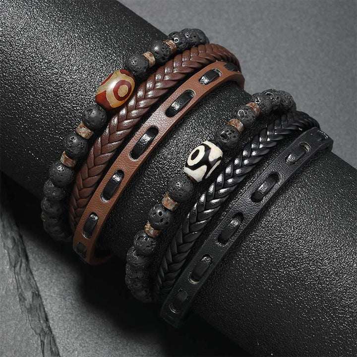 Buddha Stones Bracelet de richesse en cuir tressé multicouche avec perles Dzi et roche de lave - image 9
