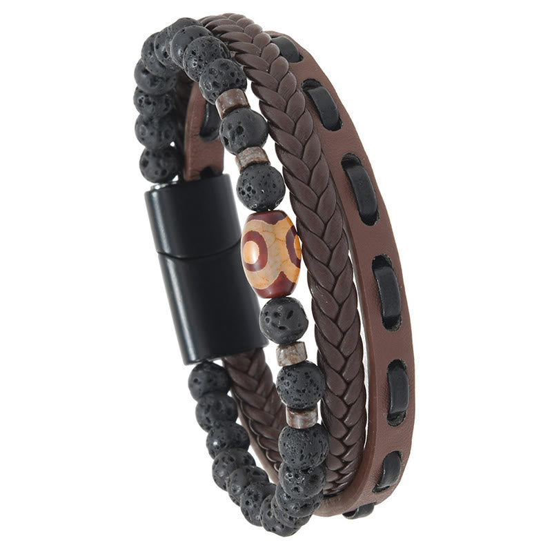 Buddha Stones Bracelet de richesse en cuir tressé multicouche avec perles Dzi et roche de lave - image 7