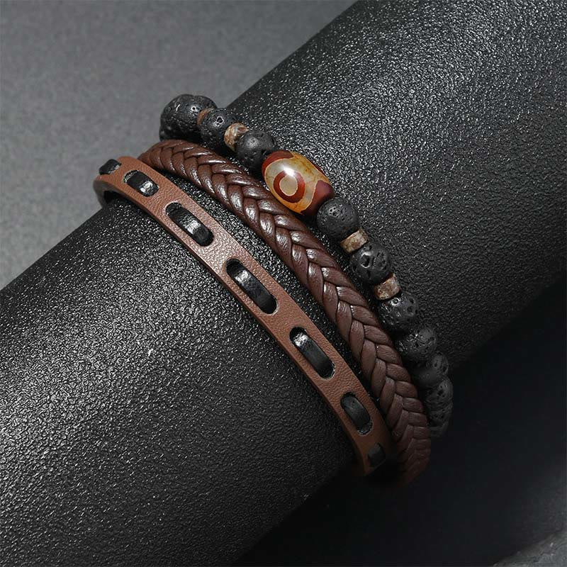 Buddha Stones Bracelet de richesse en cuir tressé multicouche avec perles Dzi et roche de lave - image 4