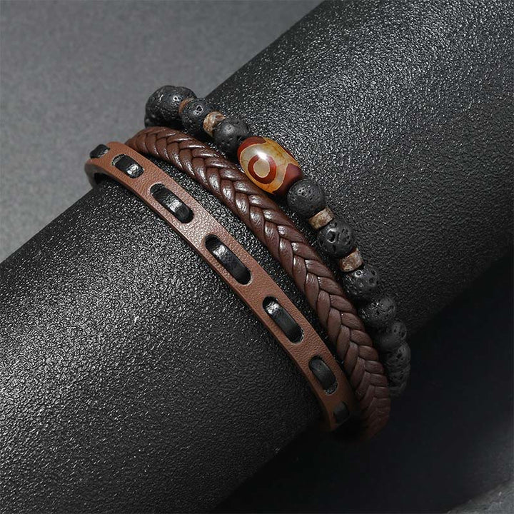 Buddha Stones Bracelet de richesse en cuir tressé multicouche avec perles Dzi et roche de lave - image 4