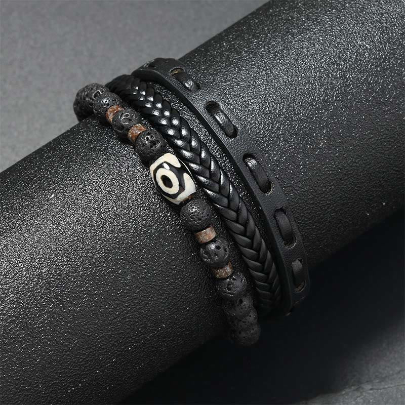 Buddha Stones Bracelet de richesse en cuir tressé multicouche avec perles Dzi et roche de lave - image 1