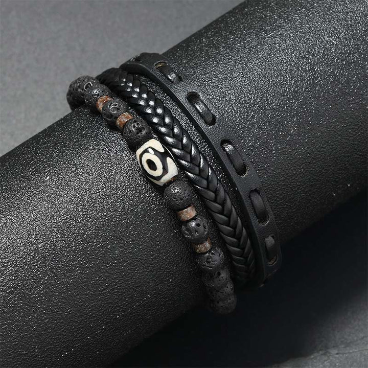 Buddha Stones Bracelet de richesse en cuir tressé multicouche avec perles Dzi et roche de lave - image 1