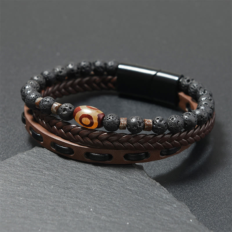 Buddha Stones Bracelet de richesse en cuir tressé multicouche avec perles Dzi et roche de lave - Cuir couleur café (Tour de poignet : 18-19 cm) - image 3