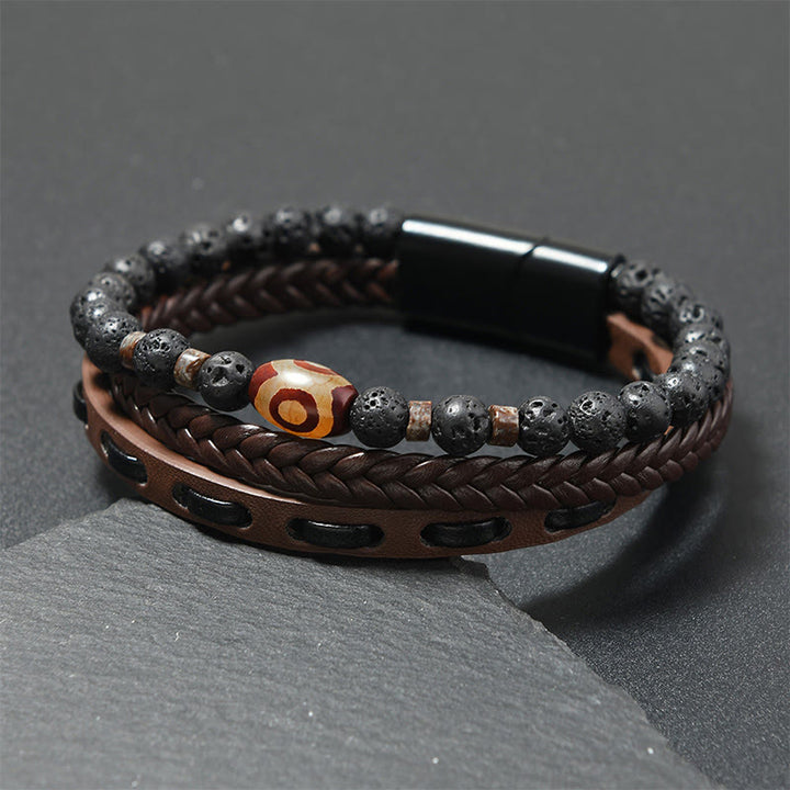 Buddha Stones Bracelet de richesse en cuir tressé multicouche avec perles Dzi et roche de lave - Cuir couleur café (Tour de poignet : 18-19 cm) - image 3