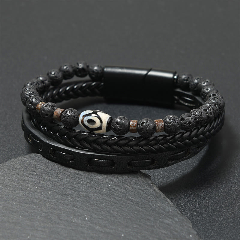 Buddha Stones Bracelet de richesse en cuir tressé multicouche avec perles Dzi et roche de lave - Cuir noir (Tour de poignet : 18-19 cm) - image 0