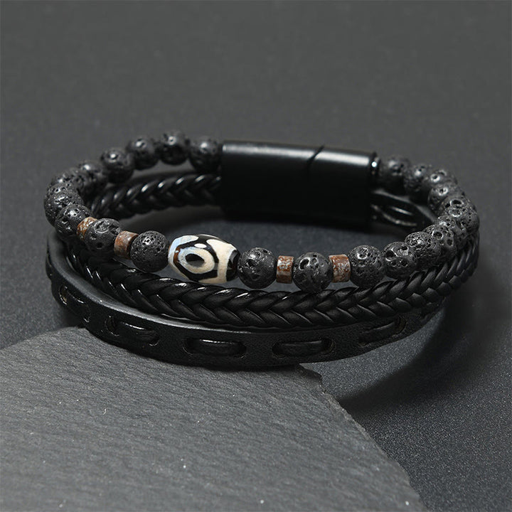 Buddha Stones Bracelet de richesse en cuir tressé multicouche avec perles Dzi et roche de lave - Cuir noir (Tour de poignet : 18-19 cm) - image 0