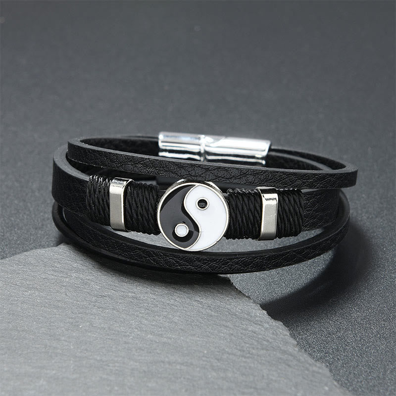 Buddha Stones Bracelet d'équilibre en cuir multicouche noir et blanc Yin Yang - Cuir noir (Tour de poignet : 18-19 cm) - image 0