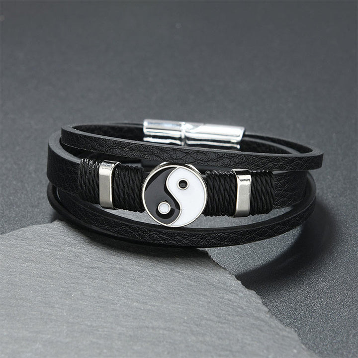 Buddha Stones Bracelet d'équilibre en cuir multicouche noir et blanc Yin Yang - Cuir noir (Tour de poignet : 18-19 cm) - image 0
