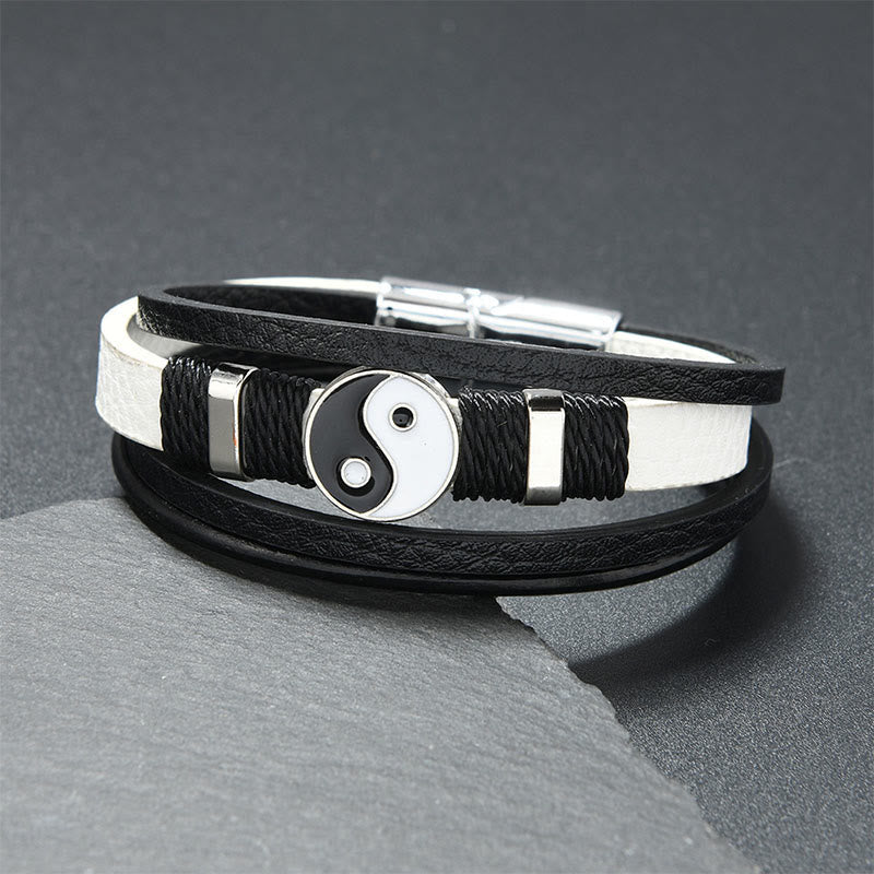 Buddha Stones Bracelet d'équilibre en cuir multicouche noir et blanc Yin Yang - Cuir blanc (Tour de poignet : 18-19 cm) - image 2