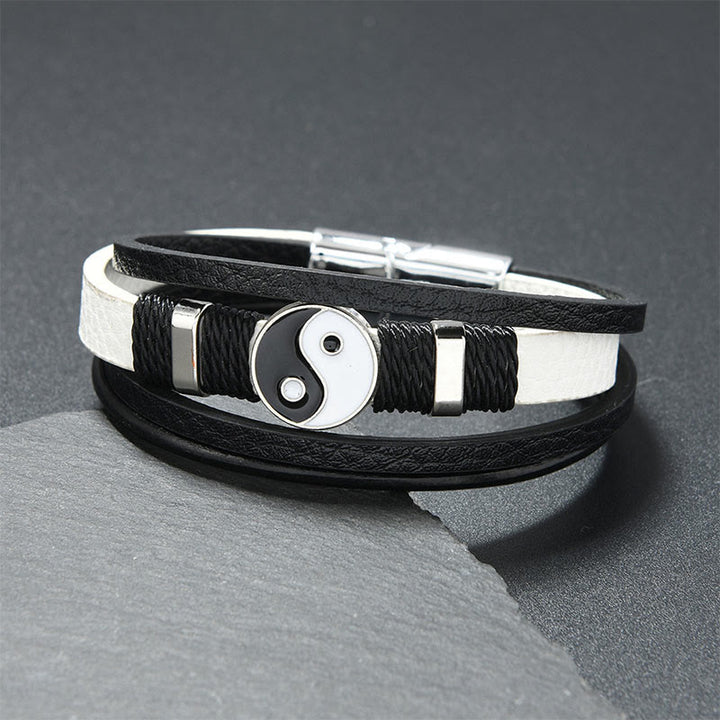 Buddha Stones Bracelet d'équilibre en cuir multicouche noir et blanc Yin Yang - Cuir blanc (Tour de poignet : 18-19 cm) - image 2