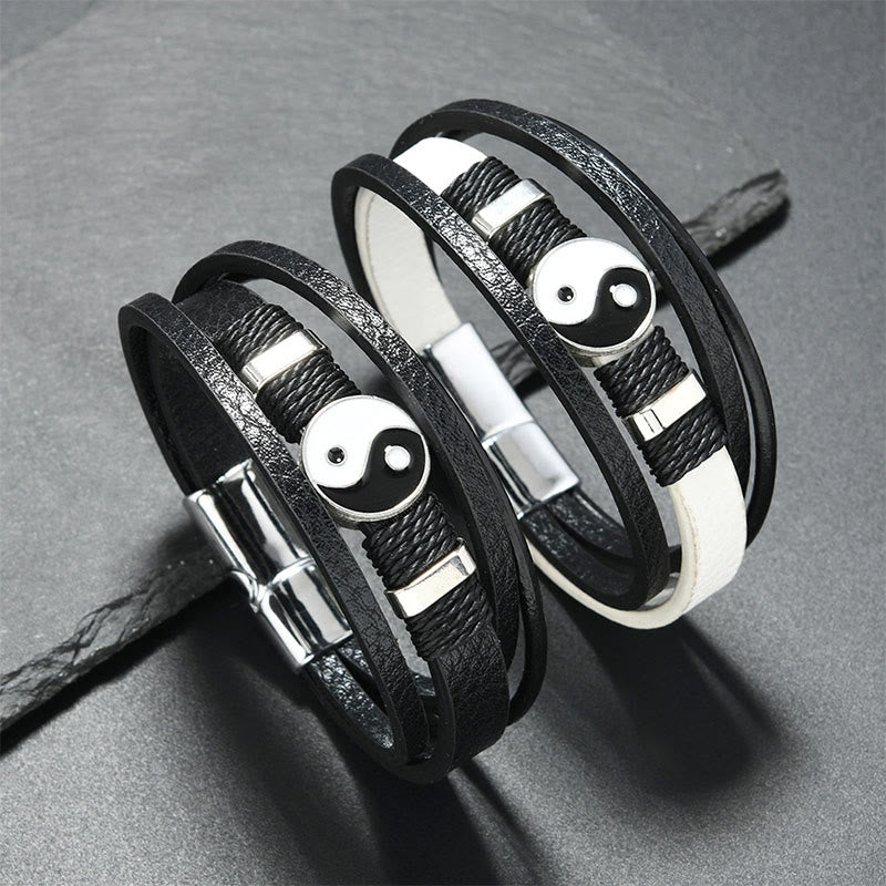 Buddha Stones Bracelet d'équilibre en cuir multicouche noir et blanc Yin Yang - image 3