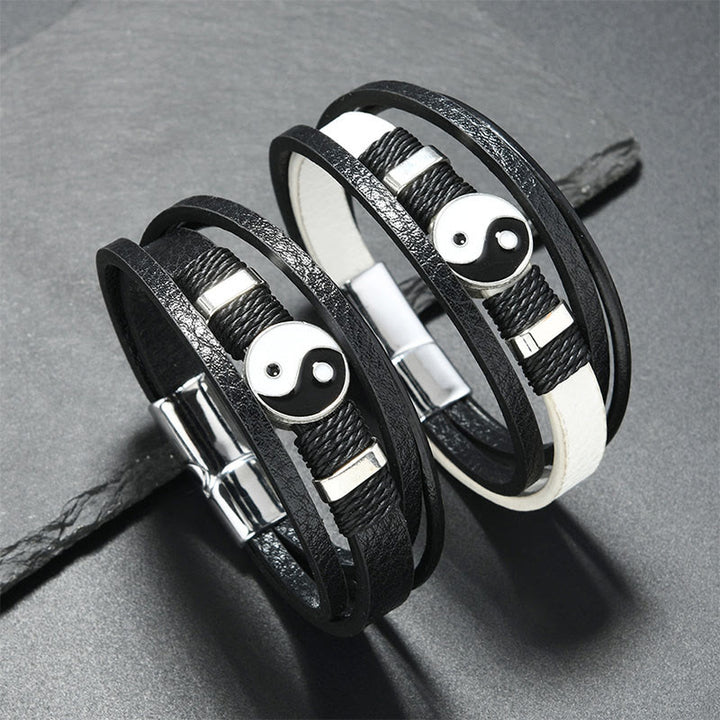 Buddha Stones Bracelet d'équilibre en cuir multicouche noir et blanc Yin Yang - image 3