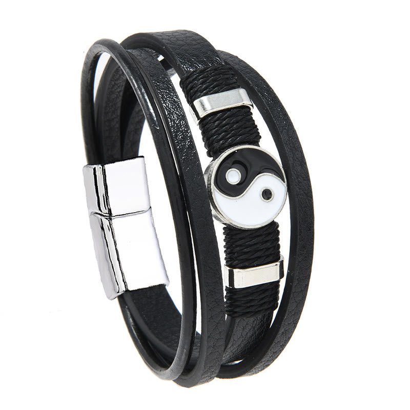 Buddha Stones Bracelet d'équilibre en cuir multicouche noir et blanc Yin Yang - image 1