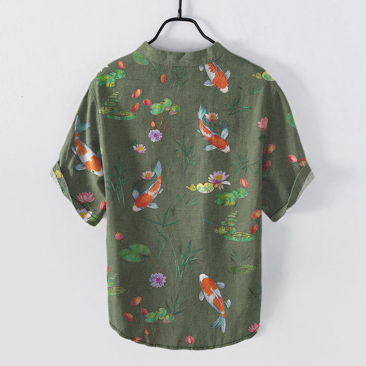 Buddha Stones Chemise homme à manches courtes et demi-boutonnée, motif carpes koï et lotus - image 7