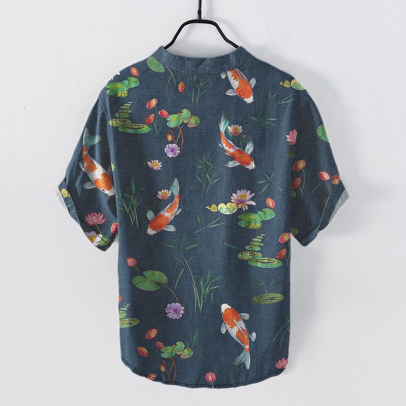 Buddha Stones Chemise homme à manches courtes et demi-boutonnée, motif carpes koï et lotus - image 5
