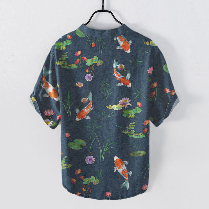 Buddha Stones Chemise homme à manches courtes et demi-boutonnée, motif carpes koï et lotus - image 5