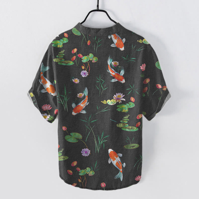 Buddha Stones Chemise homme à manches courtes et demi-boutonnée, motif carpes koï et lotus - image 1