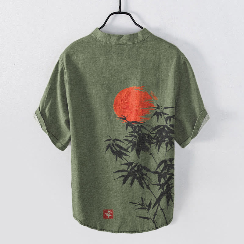 Buddha Stones Chemise homme à manches courtes et demi-boutonnée en coton rouge uni à motif bambou et soleil - image 1
