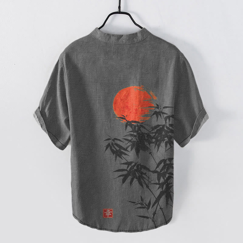 Buddha Stones Chemise homme à manches courtes et demi-boutonnée en coton rouge uni à motif bambou et soleil - image 5