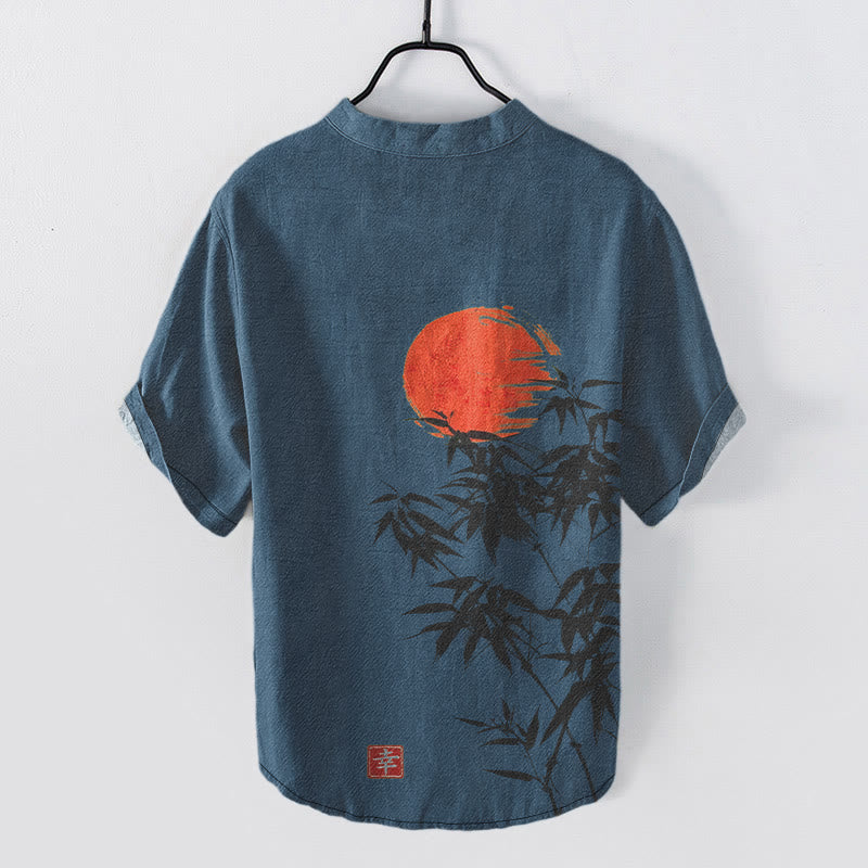 Buddha Stones Chemise homme à manches courtes et demi-boutonnée en coton rouge uni à motif bambou et soleil - image 7