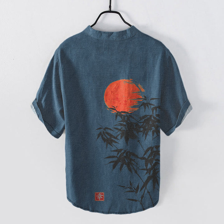 Buddha Stones Chemise homme à manches courtes et demi-boutonnée en coton rouge uni à motif bambou et soleil - image 7