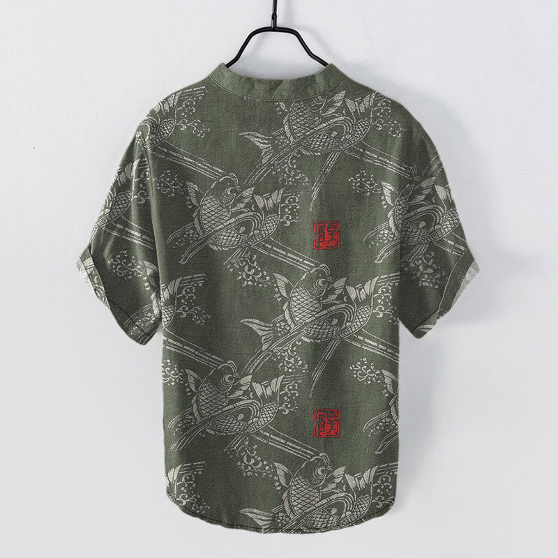 Buddha Stones Chemise homme à manches courtes et demi-boutonnée, motif carpes koï et bambou - image 5