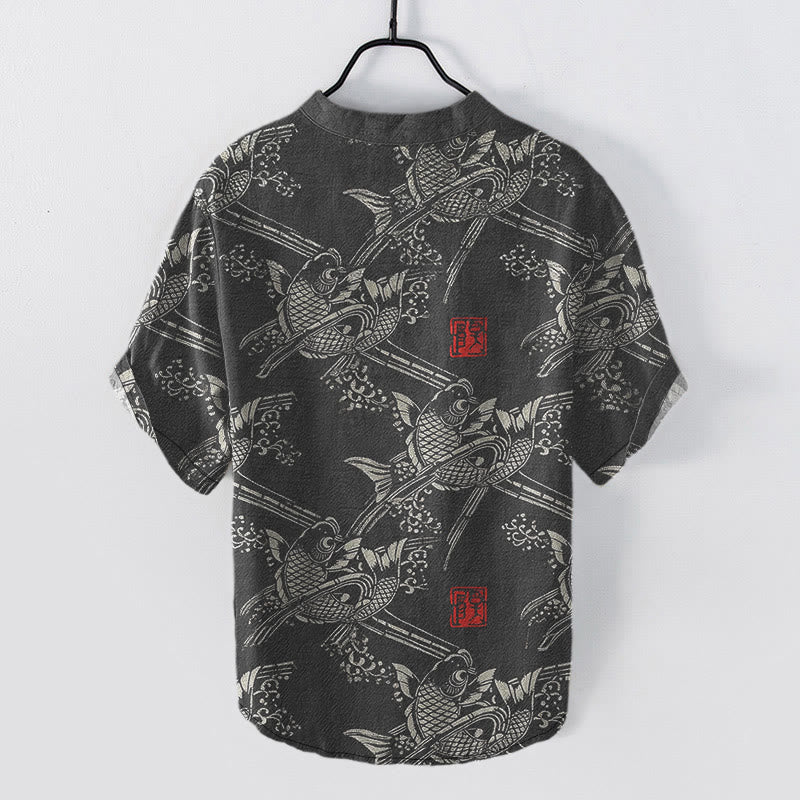 Buddha Stones Chemise homme à manches courtes et demi-boutonnée, motif carpes koï et bambou - image 1
