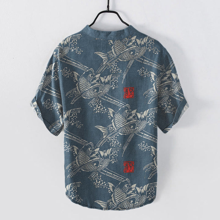 Buddha Stones Chemise homme à manches courtes et demi-boutonnée, motif carpes koï et bambou - image 7