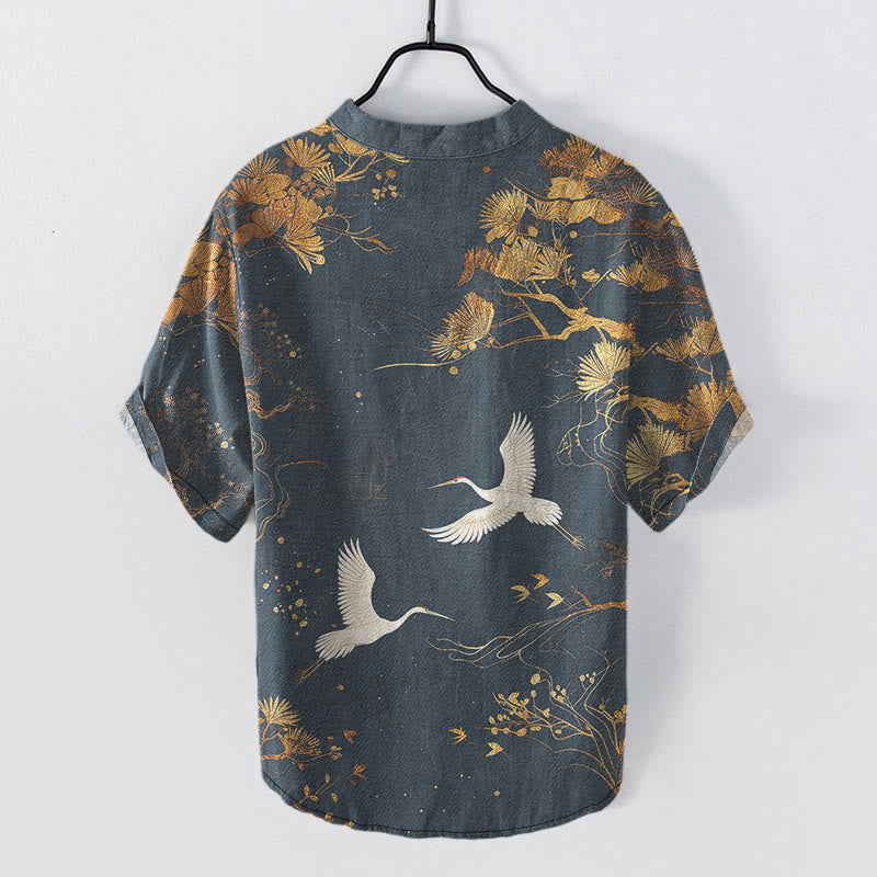Buddha Stones Chemise homme à manches courtes et demi-boutons, motif pin et grue blanche - image 5