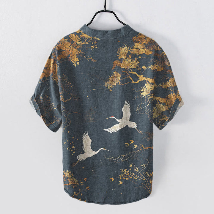 Buddha Stones Chemise homme à manches courtes et demi-boutons, motif pin et grue blanche - image 5