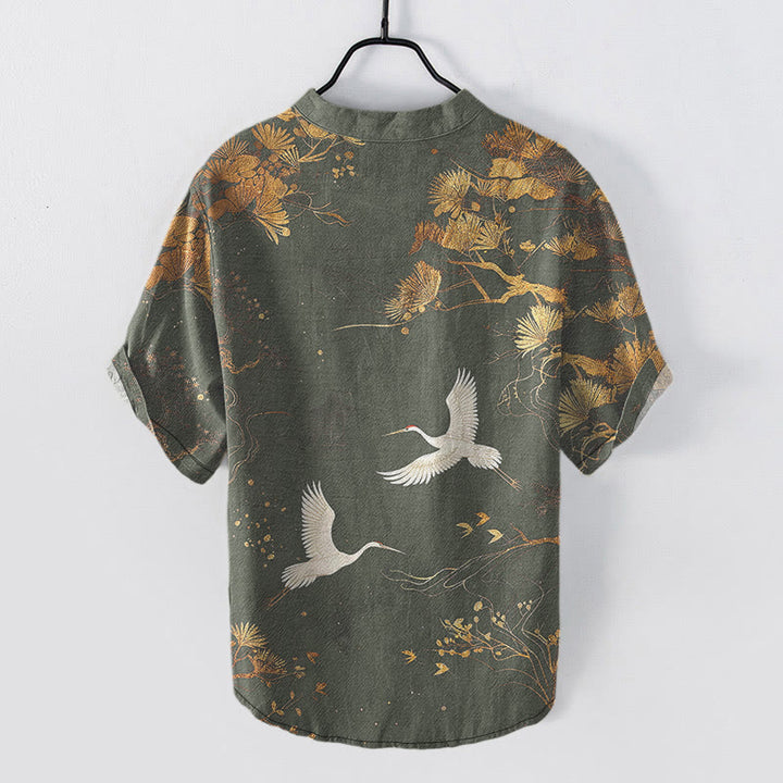 Buddha Stones Chemise homme à manches courtes et demi-boutons, motif pin et grue blanche - image 7