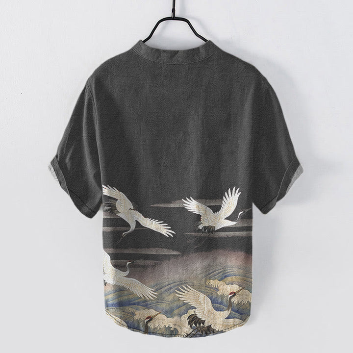 Buddha Stones Chemise homme à manches courtes et demi-boutonnages, motif vagues de grues en coton - image 1
