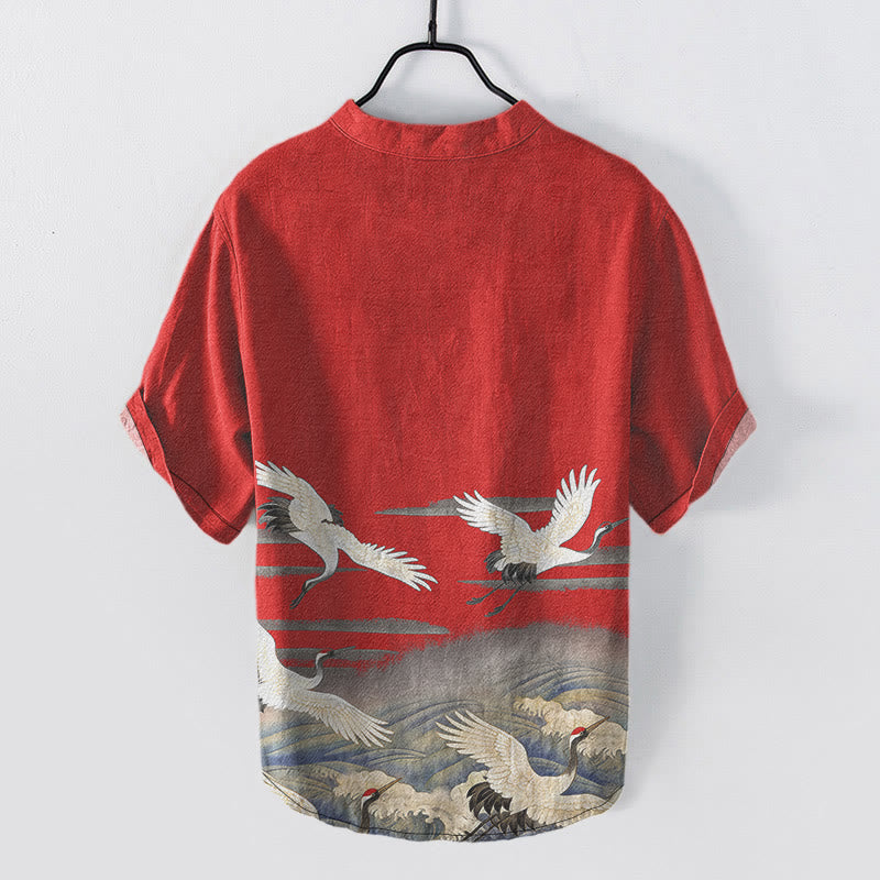 Buddha Stones Chemise homme à manches courtes et demi-boutonnages, motif vagues de grues en coton - image 7