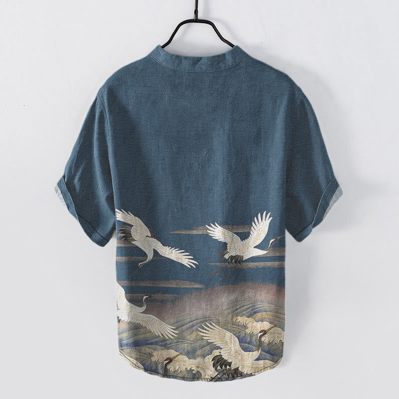 Buddha Stones Chemise homme à manches courtes et demi-boutonnages, motif vagues de grues en coton - image 5