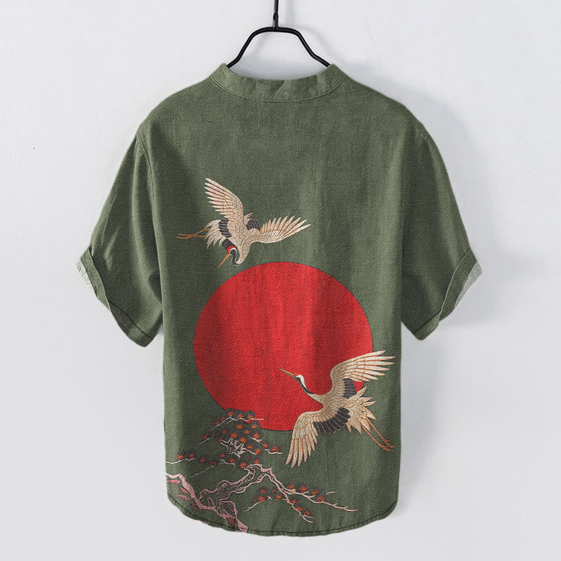 Buddha Stones Chemise homme à manches courtes et demi-boutonnée en coton, motif grue, soleil et pin rouge. - image 7
