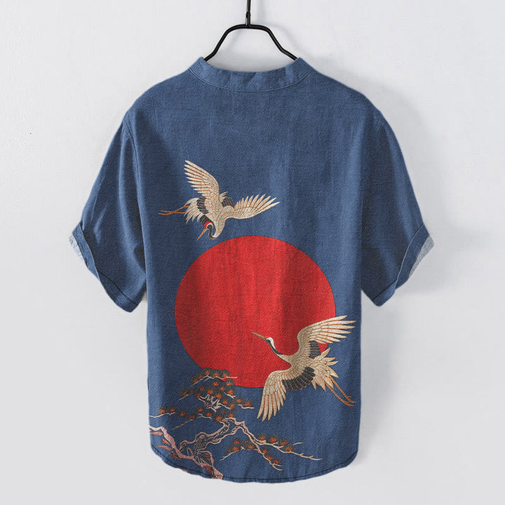 Buddha Stones Chemise homme à manches courtes et demi-boutonnée en coton, motif grue, soleil et pin rouge. - image 5