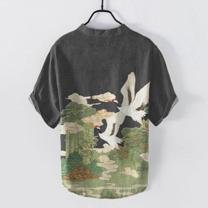 Buddha Stones Chemise à manches courtes pour homme, demi-boutonnée, motif de grues en coton et de nuages ​​porte-bonheur - image 5