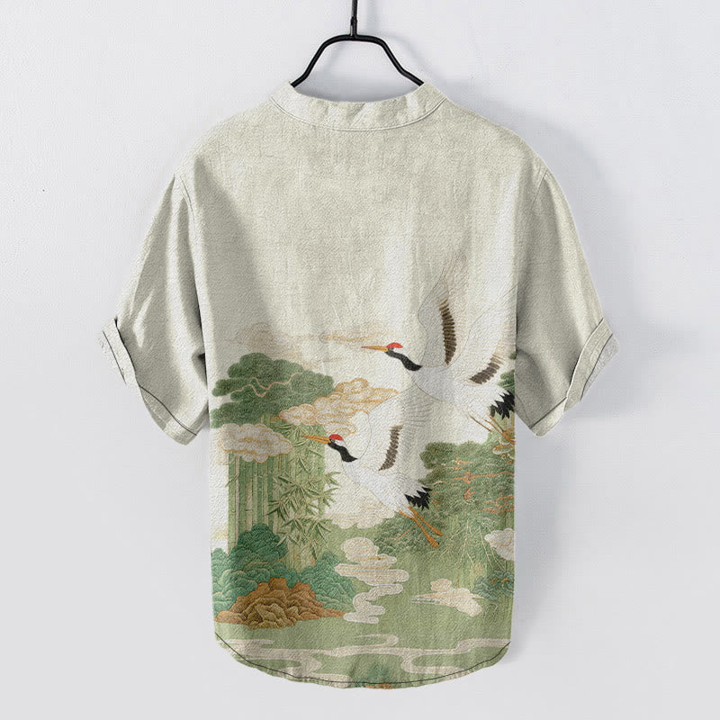 Buddha Stones Chemise à manches courtes pour homme, demi-boutonnée, motif de grues en coton et de nuages ​​porte-bonheur - image 7
