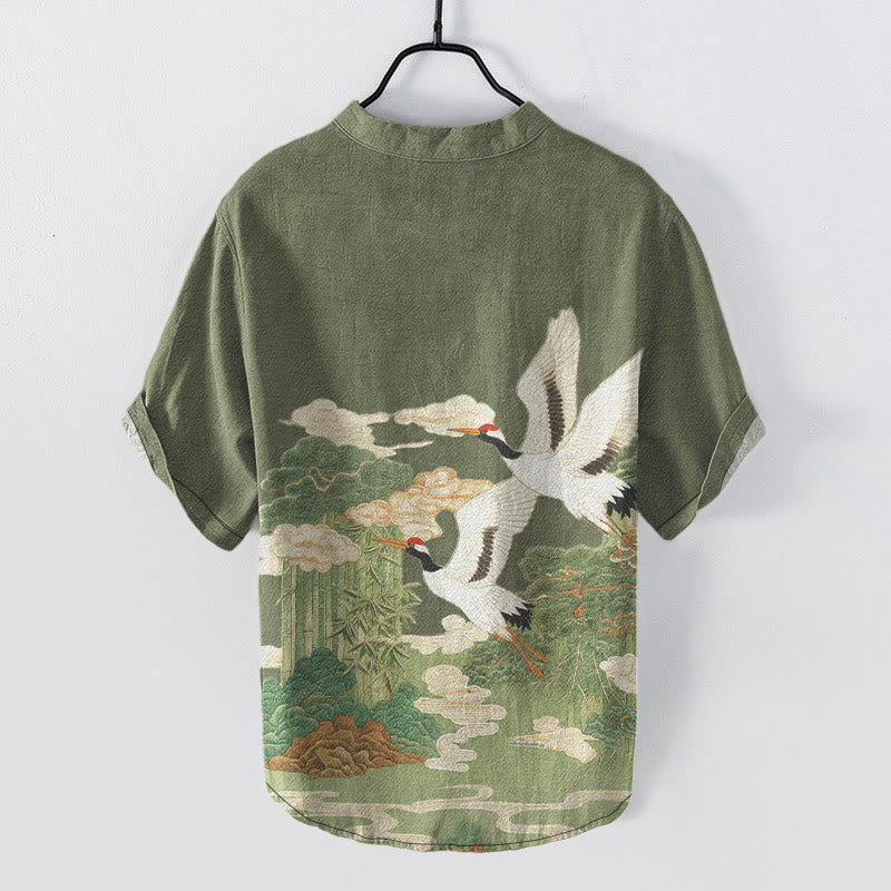 Buddha Stones Chemise à manches courtes pour homme, demi-boutonnée, motif de grues en coton et de nuages ​​porte-bonheur - image 1