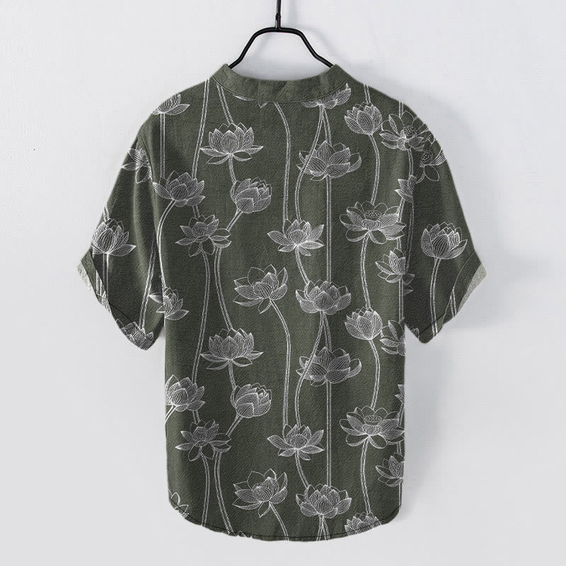 Buddha Stones Chemise à manches courtes et demi-boutonnée pour homme, en coton à motif lotus harmonieux - image 1