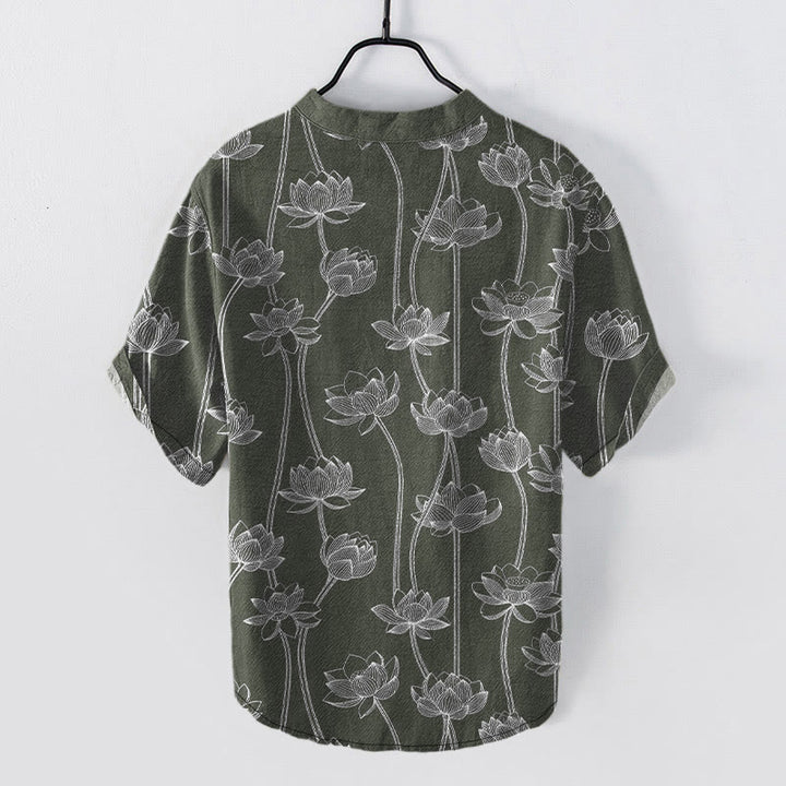 Buddha Stones Chemise à manches courtes et demi-boutonnée pour homme, en coton à motif lotus harmonieux - image 1