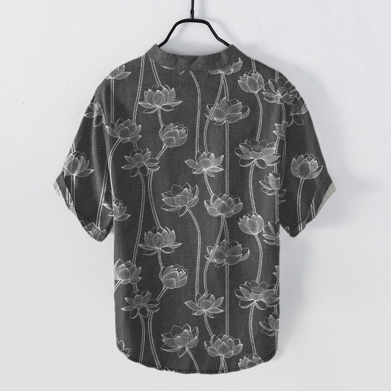 Buddha Stones Chemise à manches courtes et demi-boutonnée pour homme, en coton à motif lotus harmonieux - image 5