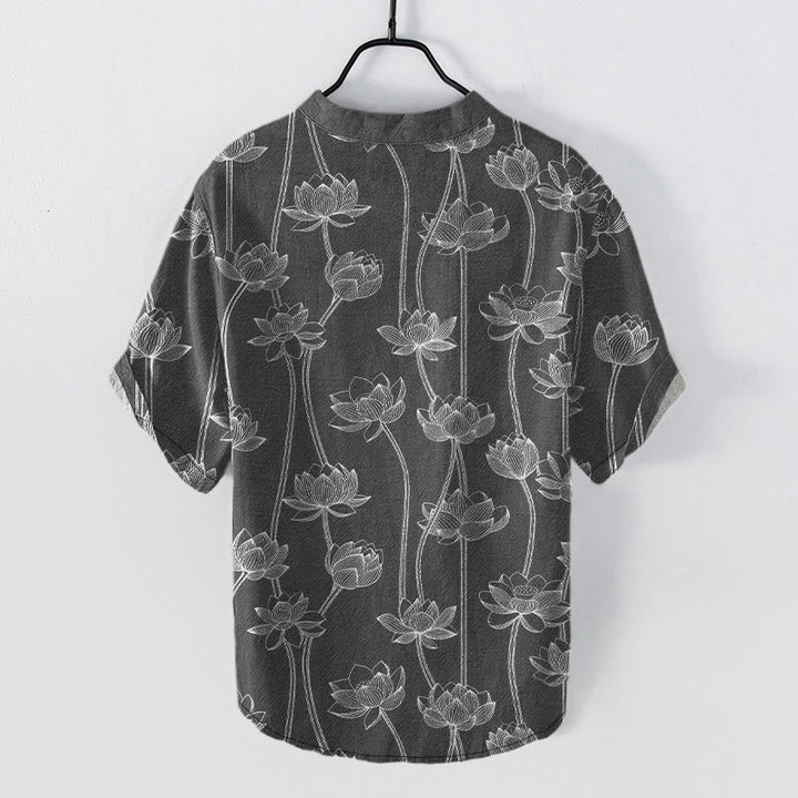 Buddha Stones Chemise à manches courtes et demi-boutonnée pour homme, en coton à motif lotus harmonieux - image 5