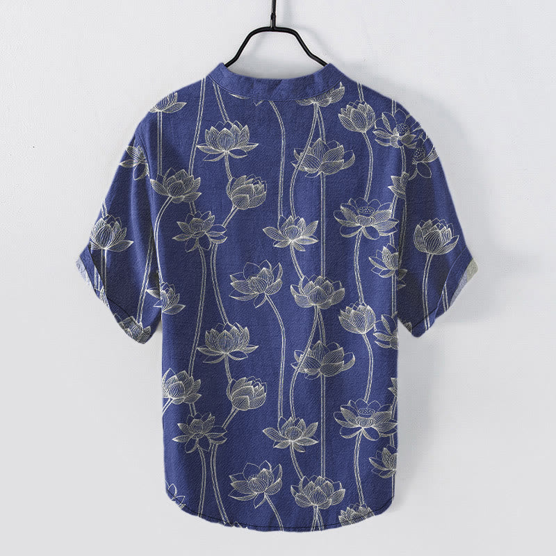 Buddha Stones Chemise à manches courtes et demi-boutonnée pour homme, en coton à motif lotus harmonieux - image 7