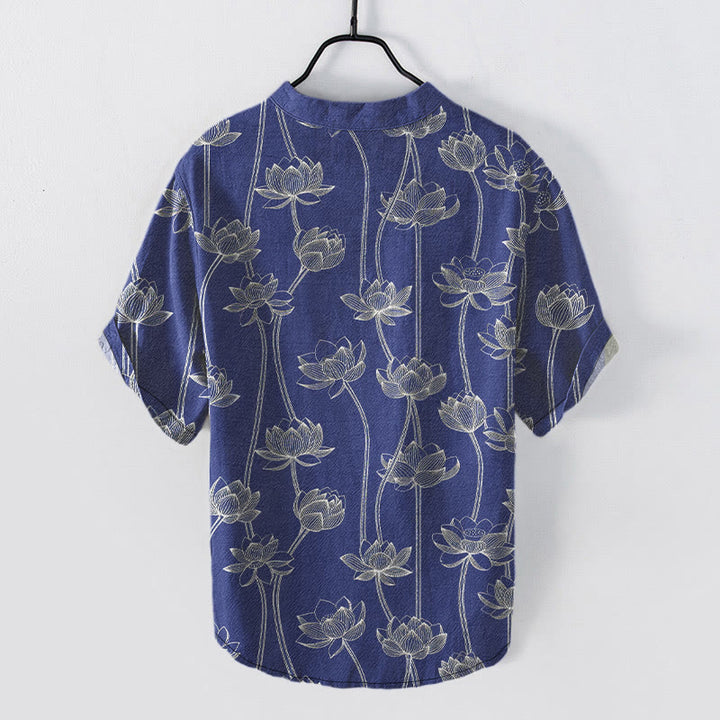 Buddha Stones Chemise à manches courtes et demi-boutonnée pour homme, en coton à motif lotus harmonieux - image 7