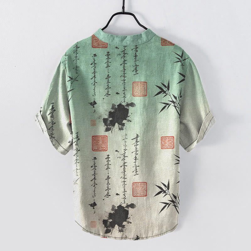 Buddha Stones Chemise à manches courtes pour homme, demi-boutonnée, en coton dégradé, motif calligraphie à l'encre de bambou - image 1