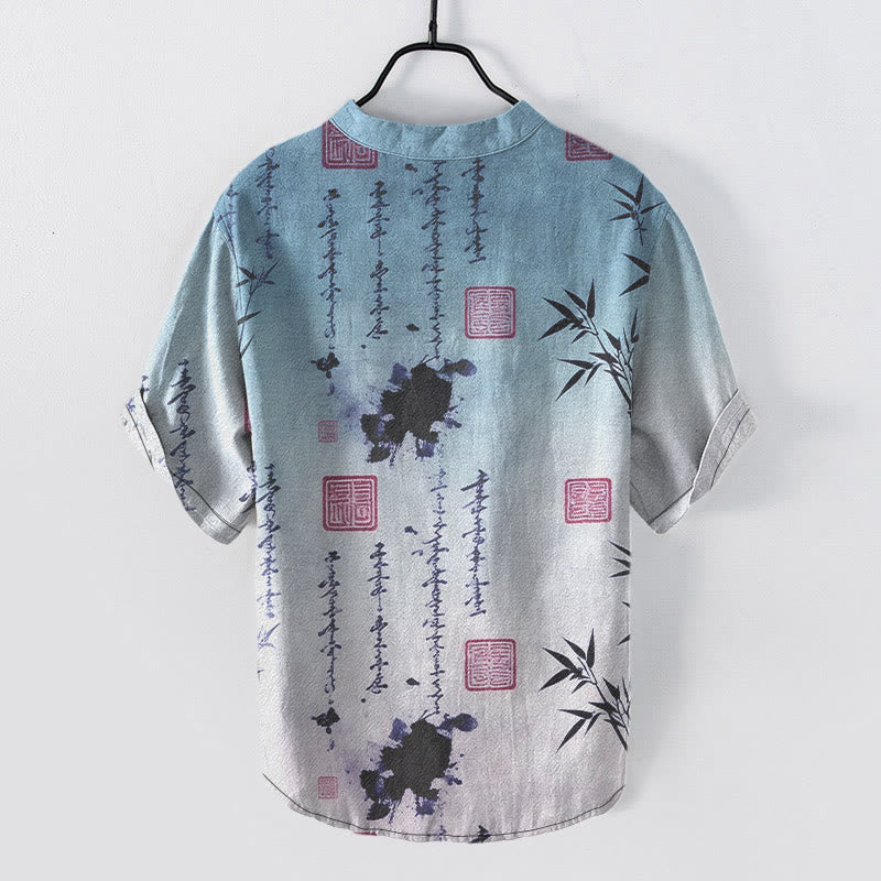 Buddha Stones Chemise à manches courtes pour homme, demi-boutonnée, en coton dégradé, motif calligraphie à l'encre de bambou - image 5
