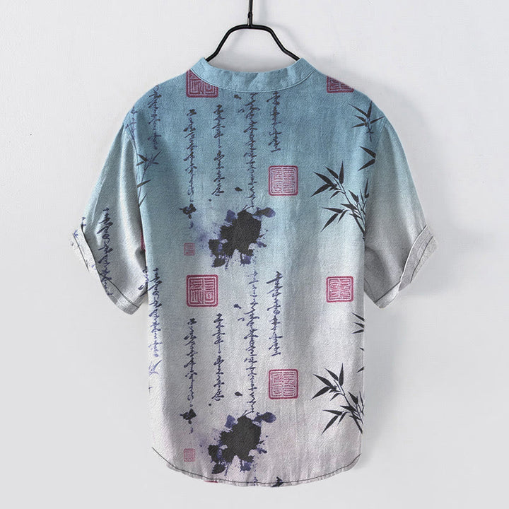 Buddha Stones Chemise à manches courtes pour homme, demi-boutonnée, en coton dégradé, motif calligraphie à l'encre de bambou - image 5