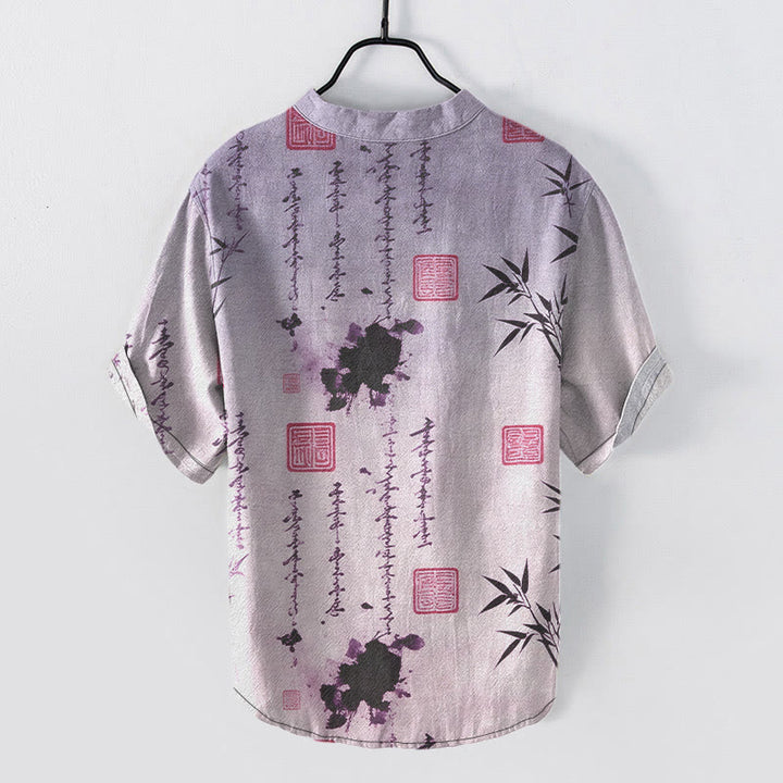 Buddha Stones Chemise à manches courtes pour homme, demi-boutonnée, en coton dégradé, motif calligraphie à l'encre de bambou - image 7